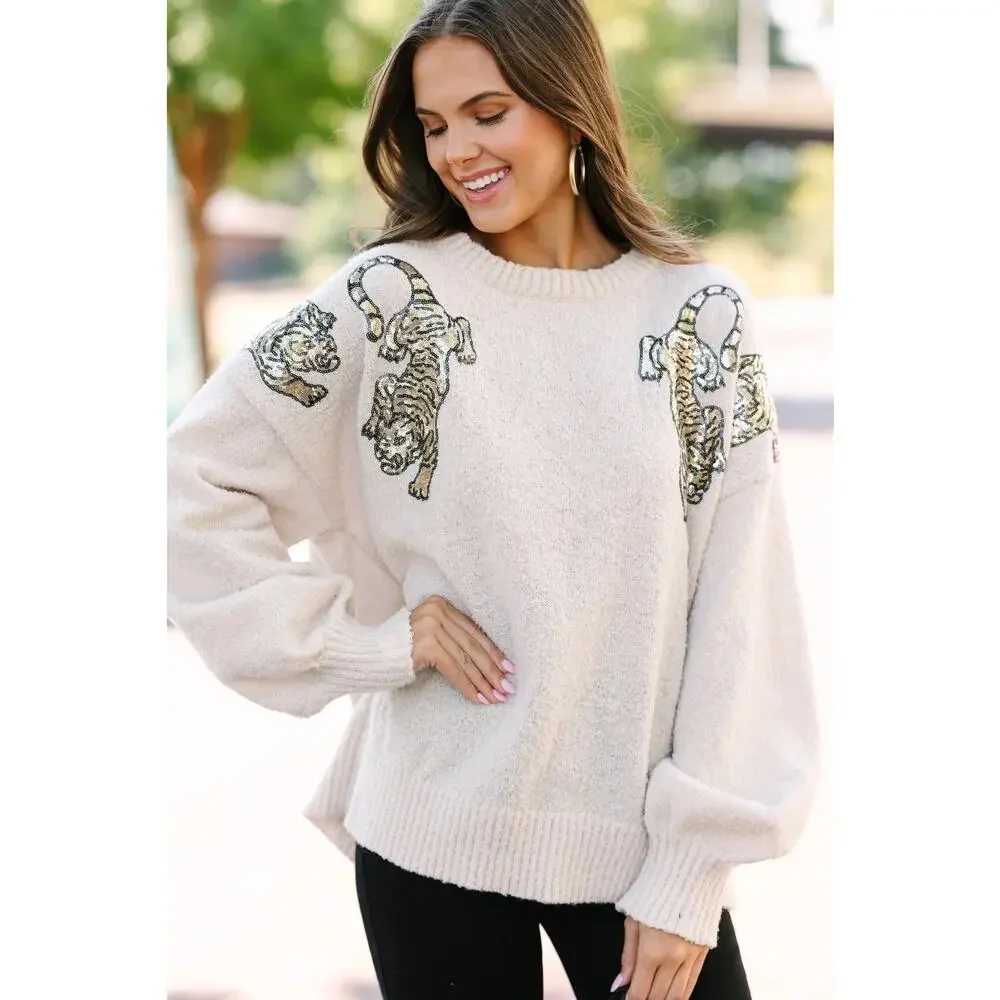 Peach Love Oatmeal Sequin Tiger Matted Sweater Pullover Preppy Bubble Sleeve - Picture 3 of 13